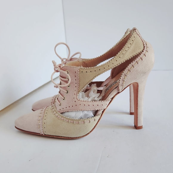 Manolo Blahnik Pink Suede Leather Lace-Up Oxford High Heels Shoes Pointy 37.5 - Picture 16 of 16